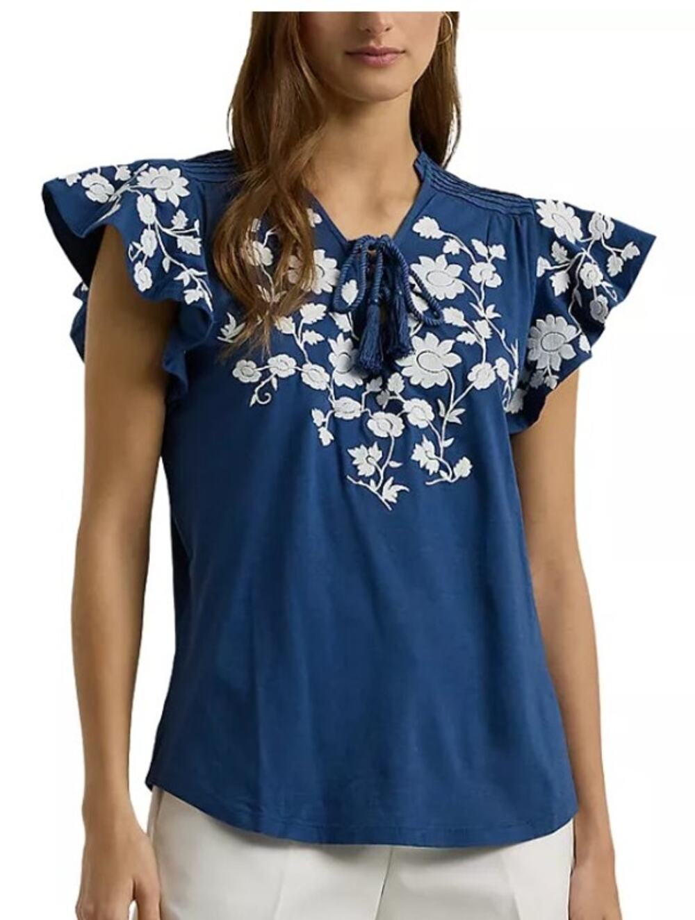 LAUREN Ralph Lauren Floral Embroidered Flutter Sleeve Top Blue Small Lace Up